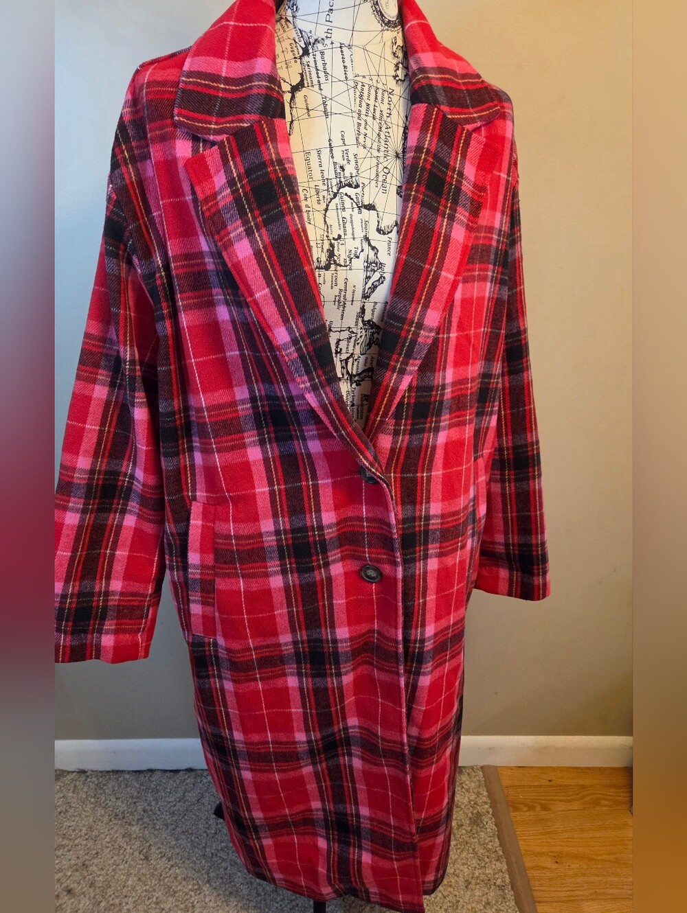 Old Navy Womens XL Plaid Long Coat Red Pink Black 2 Button Oversized Overcoat